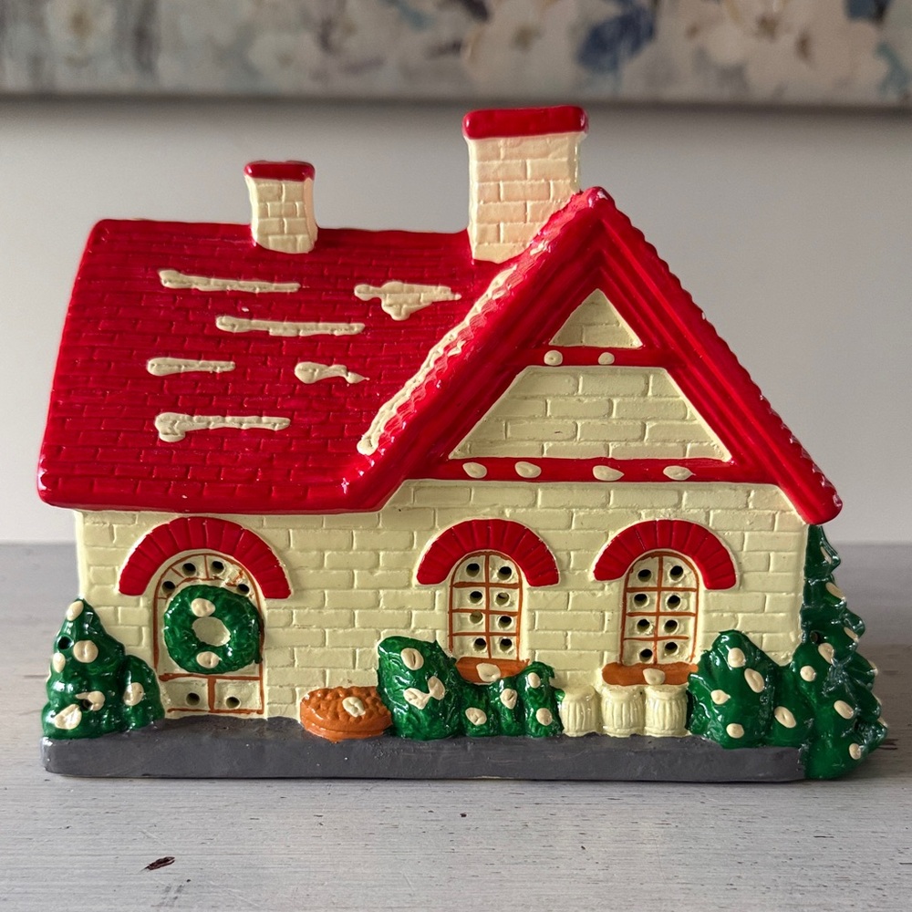 Vintage Pacific Rim Ceramic Red Christmas House Candle Votive - Light-Up House